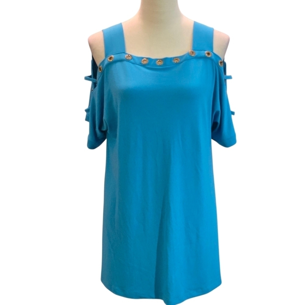 Belldini Teal Blue Cold Shoulder Top Grommets Short Sleeve Tunic Length Women L